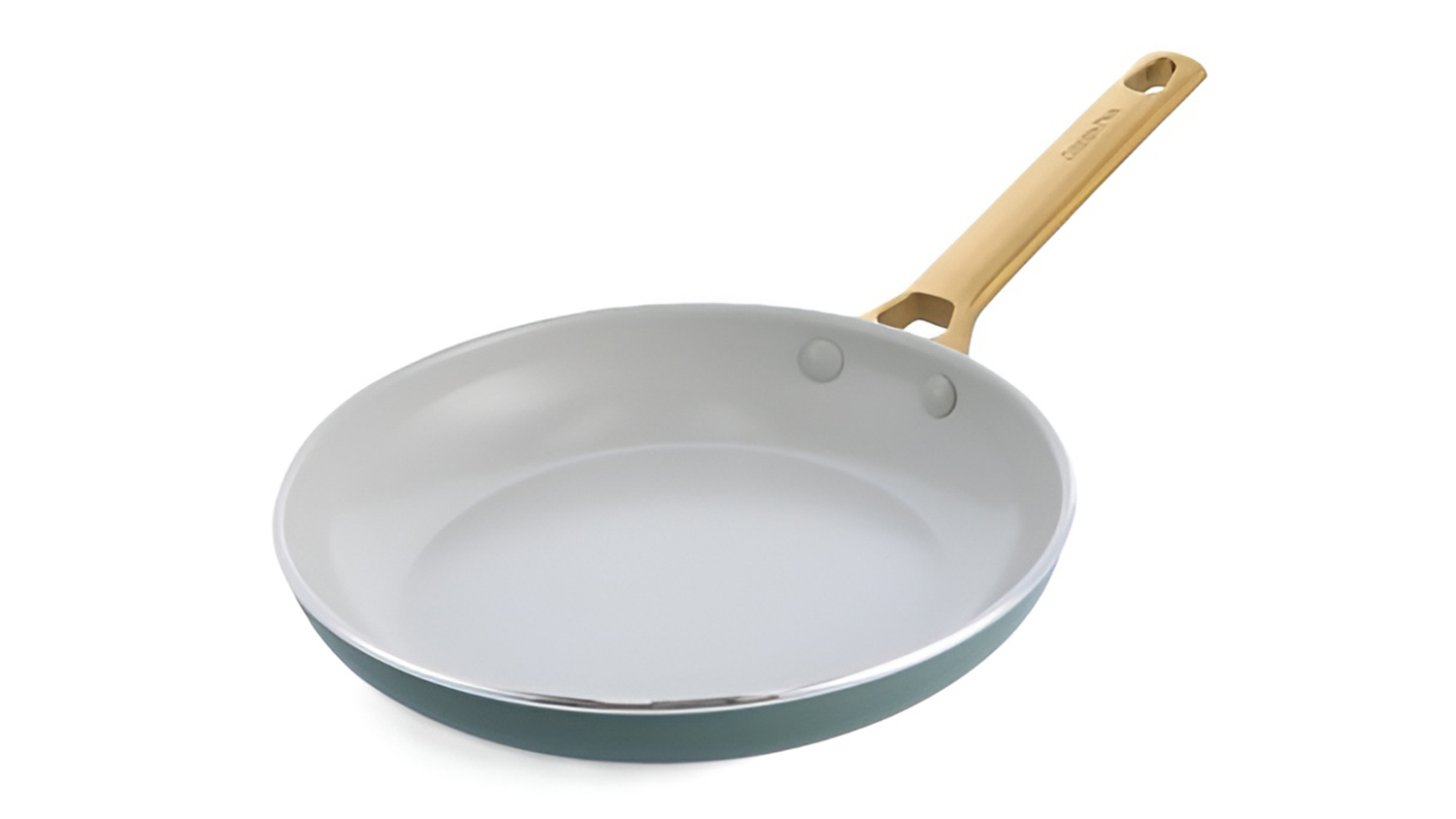 Angled view of a 24cm GreenPan Padova frying pan in smokey blue with a gold-tone handle