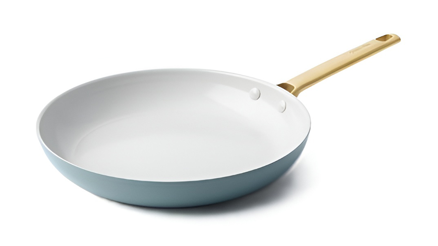 Angled view of a 28cm GreenPan Padova frying pan in smokey blue with a gold-tone handle