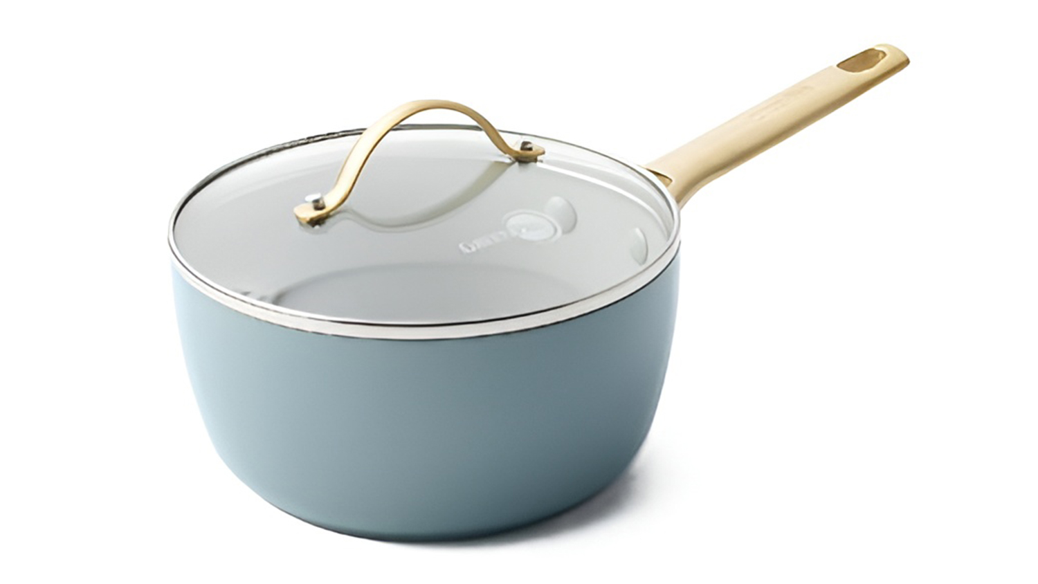Angled view of GreenPan Padova smokey blue saucepan with gold handle and glass lid