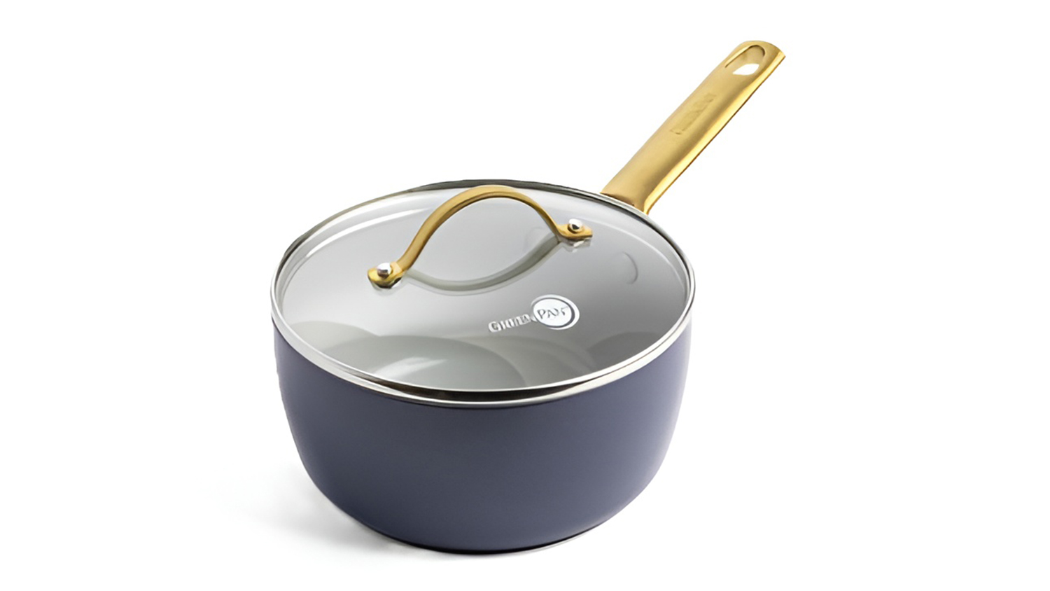 Side view of a navy blue GreenPan Padova 18cm saucepan with a glass lid and gold handle