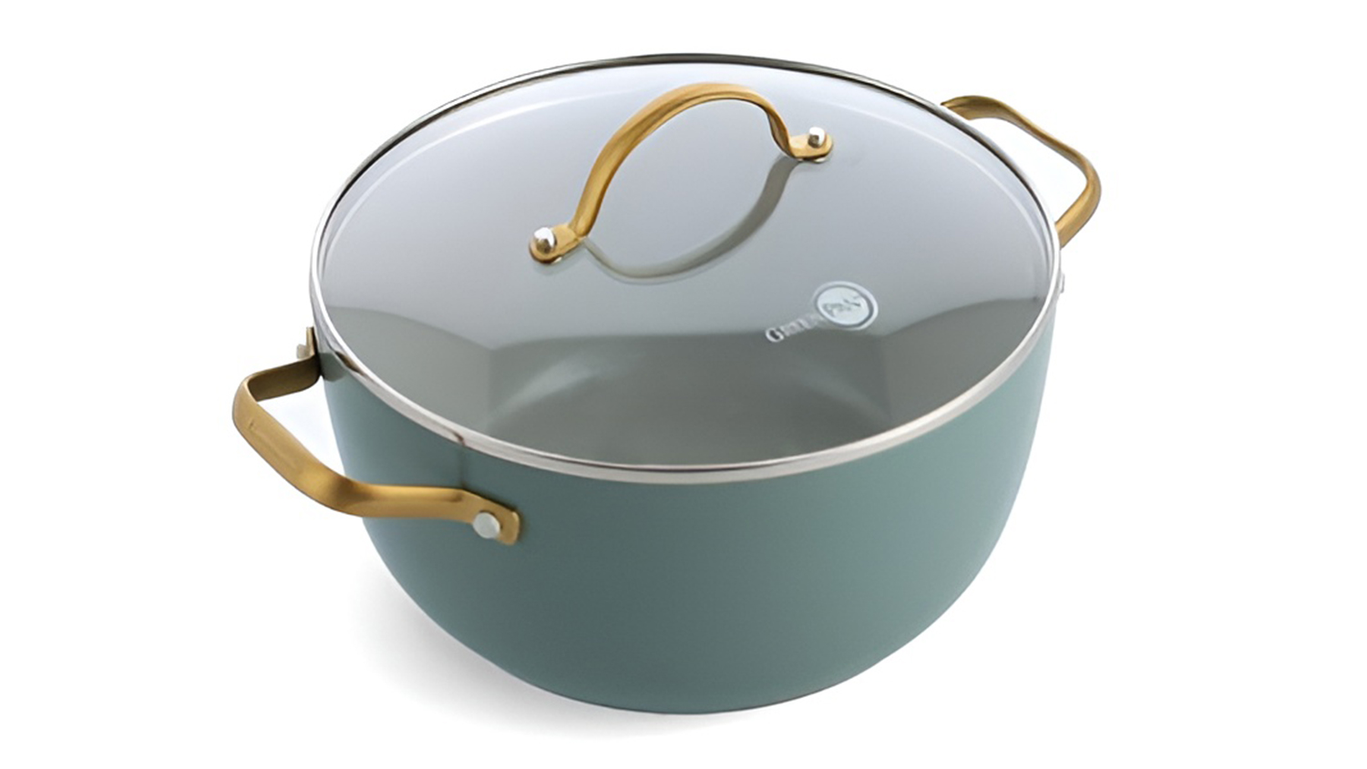 High-angle view of a blue 24cm GreenPan Padova casserole pot with gold handles and glass lid
