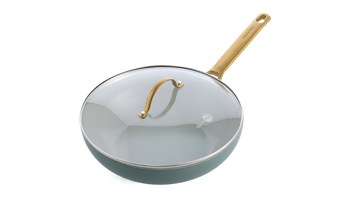High-angle view of a light blue GreenPan Padova wok with a glass lid and gold handle