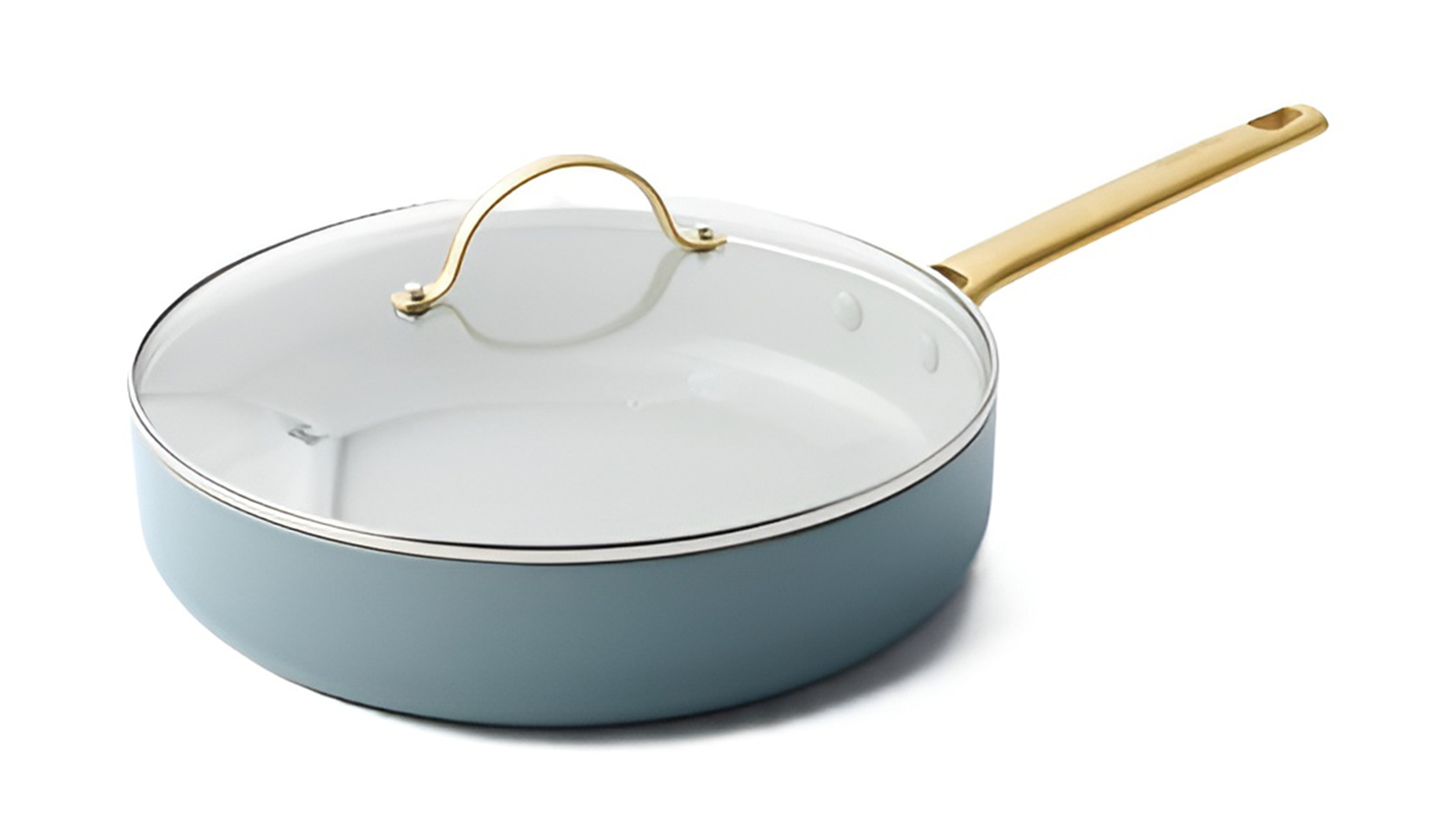 Angled view of a blue GreenPan Padova 28cm sauté pan with a glass lid and gold handle