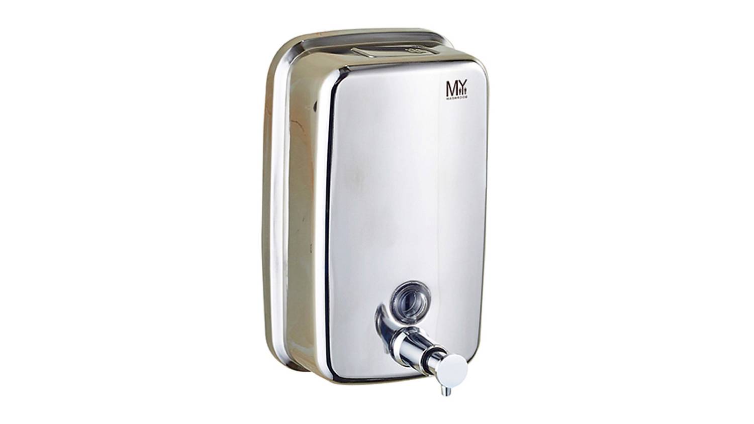 Front view of the MyWashroom 4X commercial manual soap dispenser with a polished stainless steel body