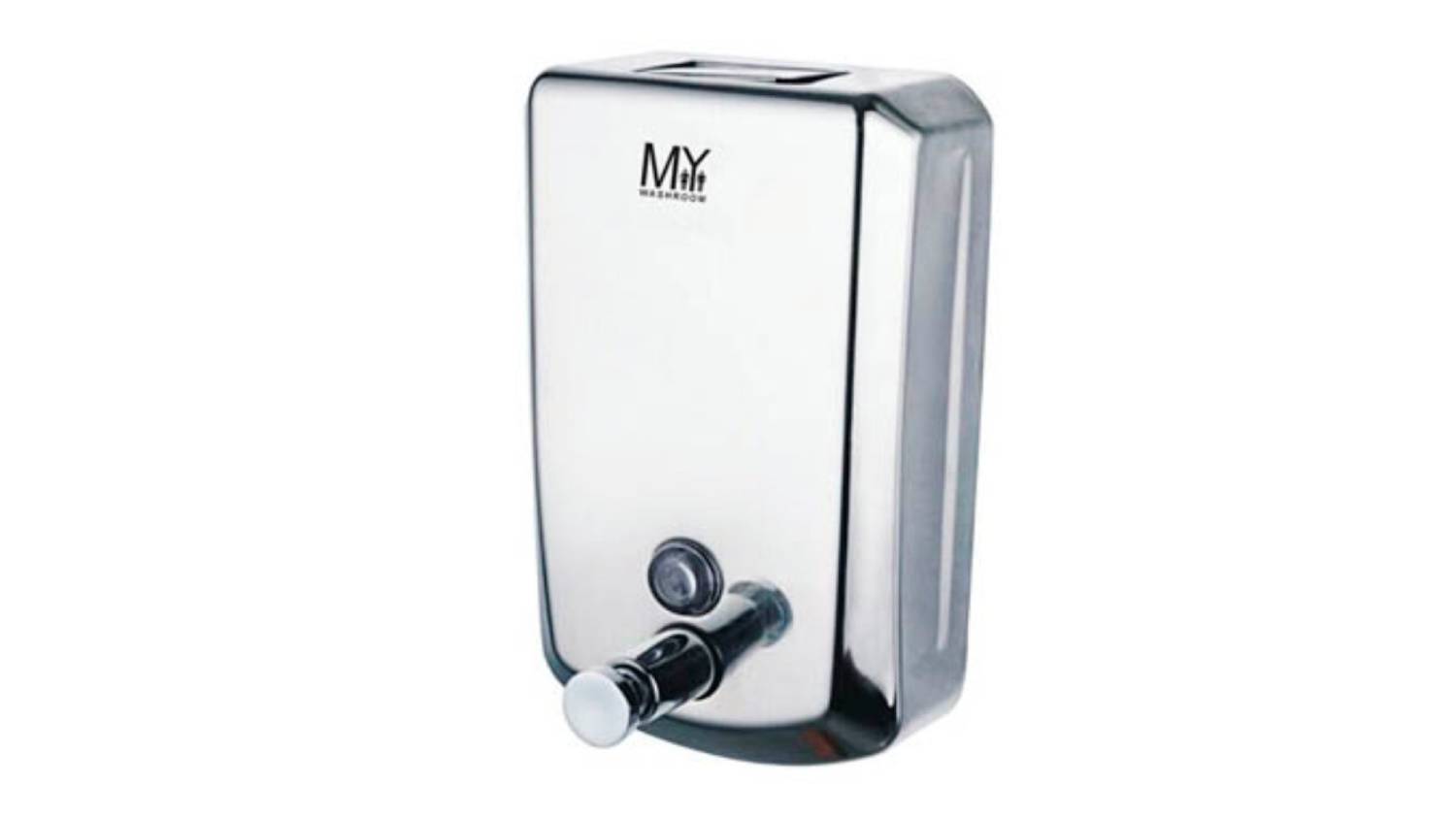 Front view of the MyWashroom commercial manual soap dispenser with a polished stainless steel finish