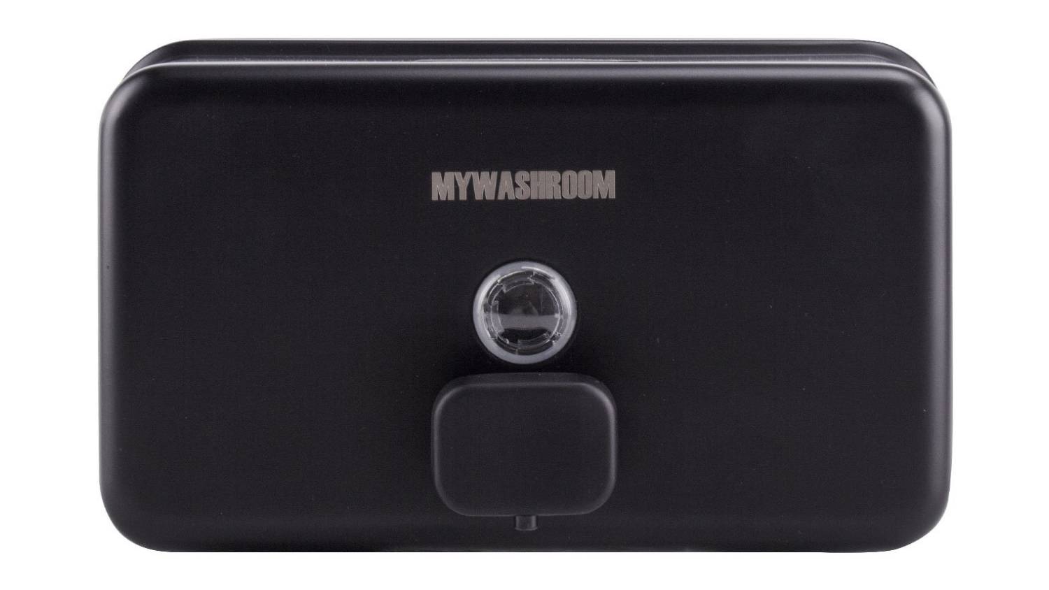 Front view of the MyWashroom black stainless steel liquid soap dispenser