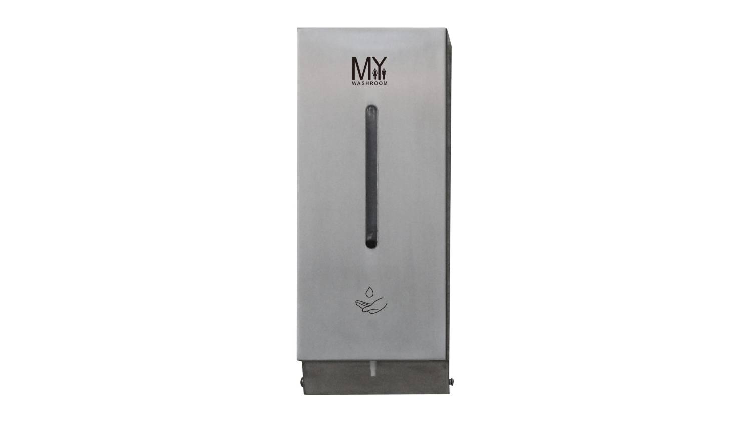 Front view of a wall‑mounted MyWashroom touchless automatic soap dispenser made of brushed stainless steel