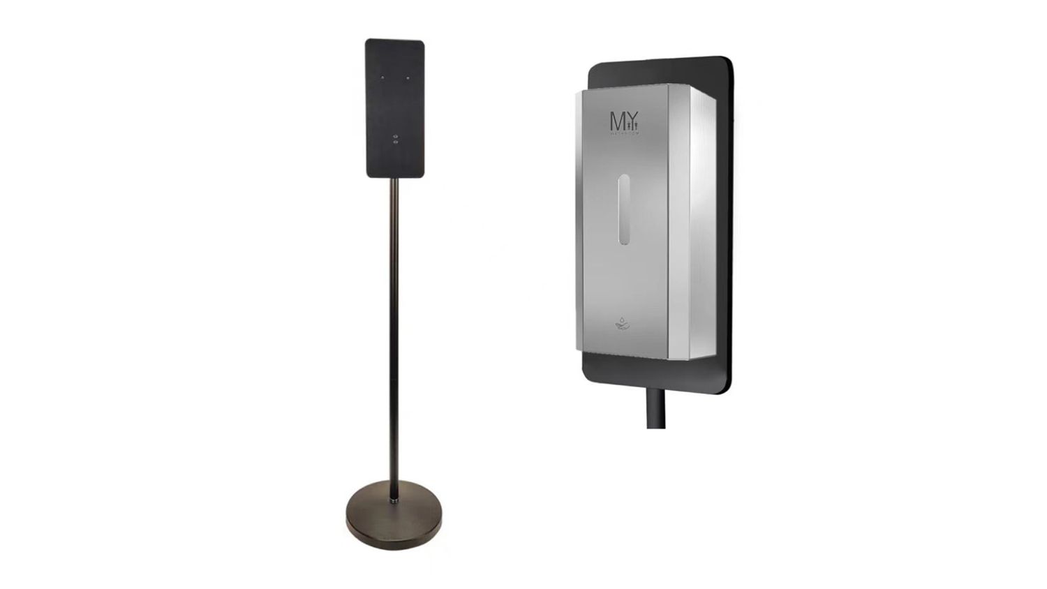 A side-by-side view of a touchless soap dispenser and its stainless-steel stand