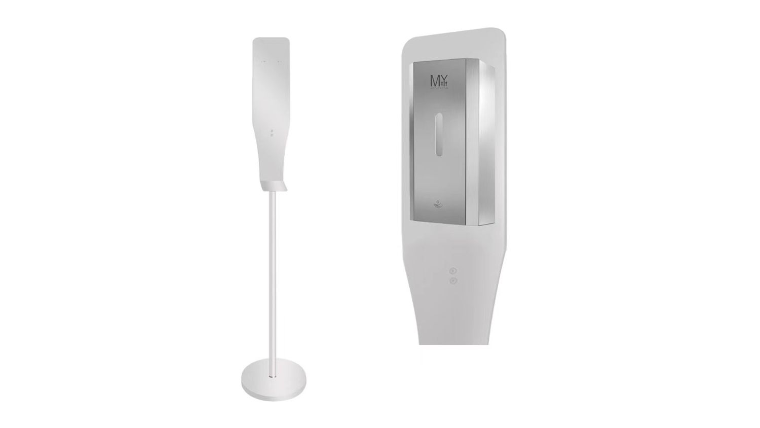 A side-by-side view of the touchless soap dispenser and its stainless-steel stand