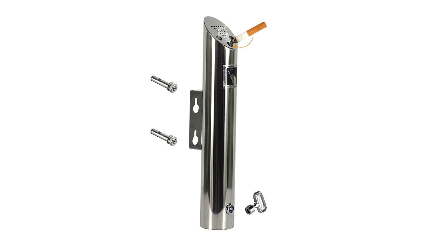 Stainless steel wall-mounted outdoor ashtray with a cigarette slot and mounting hardware included