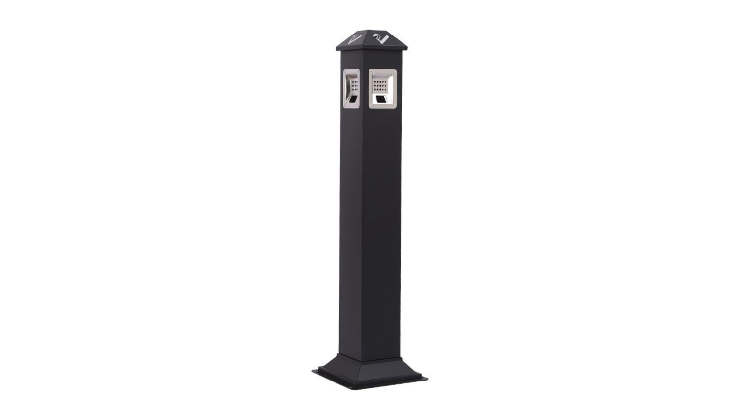 Tall black outdoor standing ashtray with a square base and small side openings