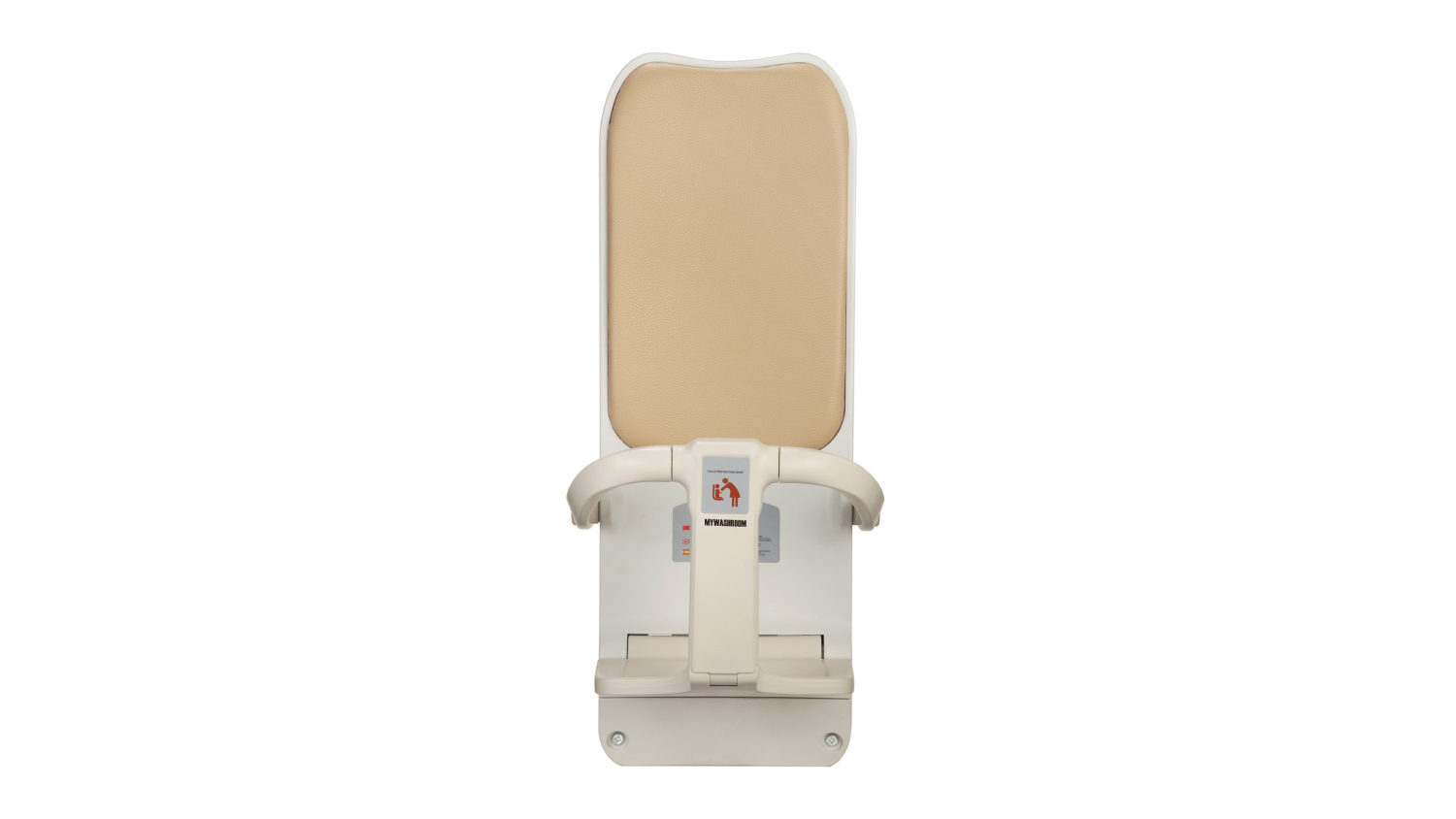 A front view of the MyWashroom commercial toddler protection safety seat, featuring a beige padded backrest and safety handles