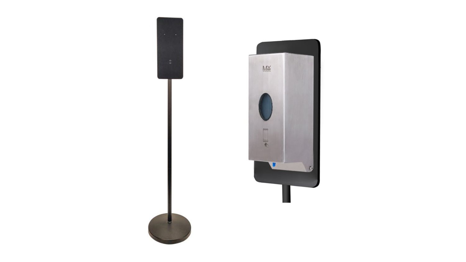 Freestanding hand sanitiser dispenser stand with mounted stainless steel automatic dispenser