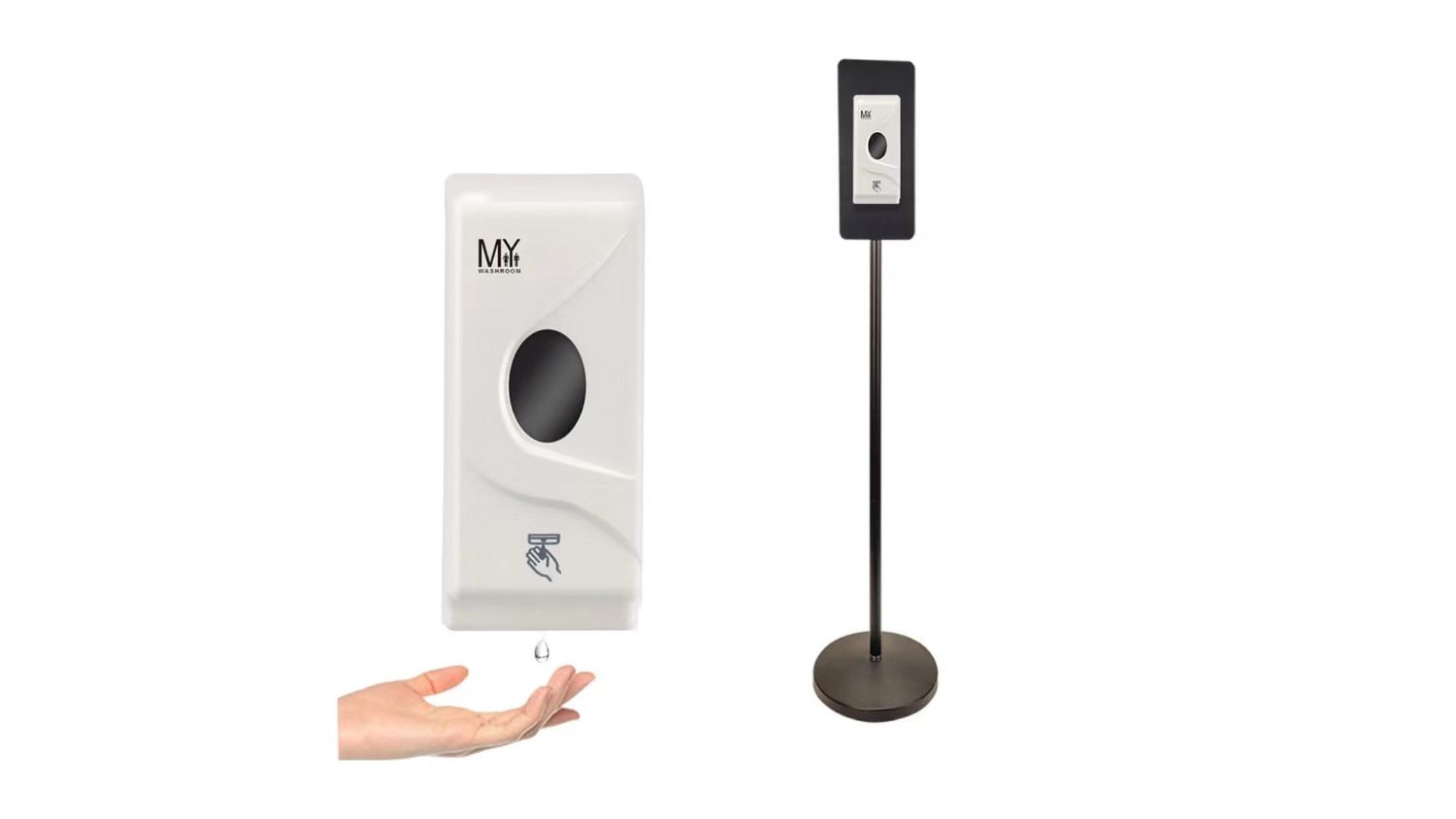 Stainless steel touchless soap dispenser with a droplet falling into an open hand beside a matching tall floor stand