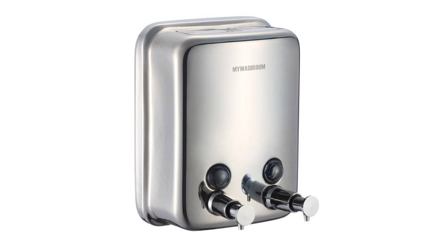 Front angled view of a wall‑mounted MyWashroom double soap dispenser made from stainless steel with a gloss finish