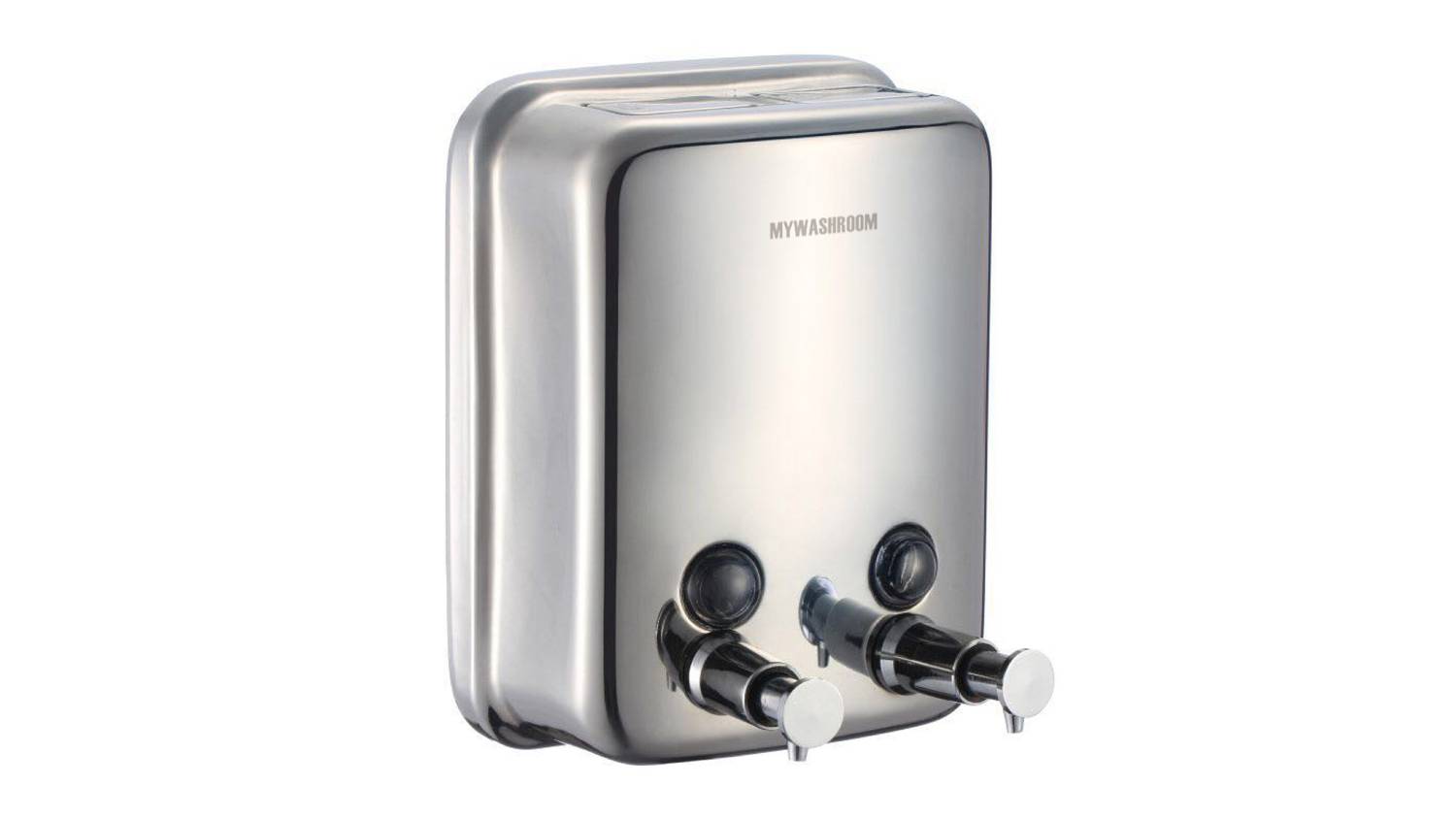 Front angled view of a wall‑mounted MyWashroom double soap dispenser made from brushed stainless steel