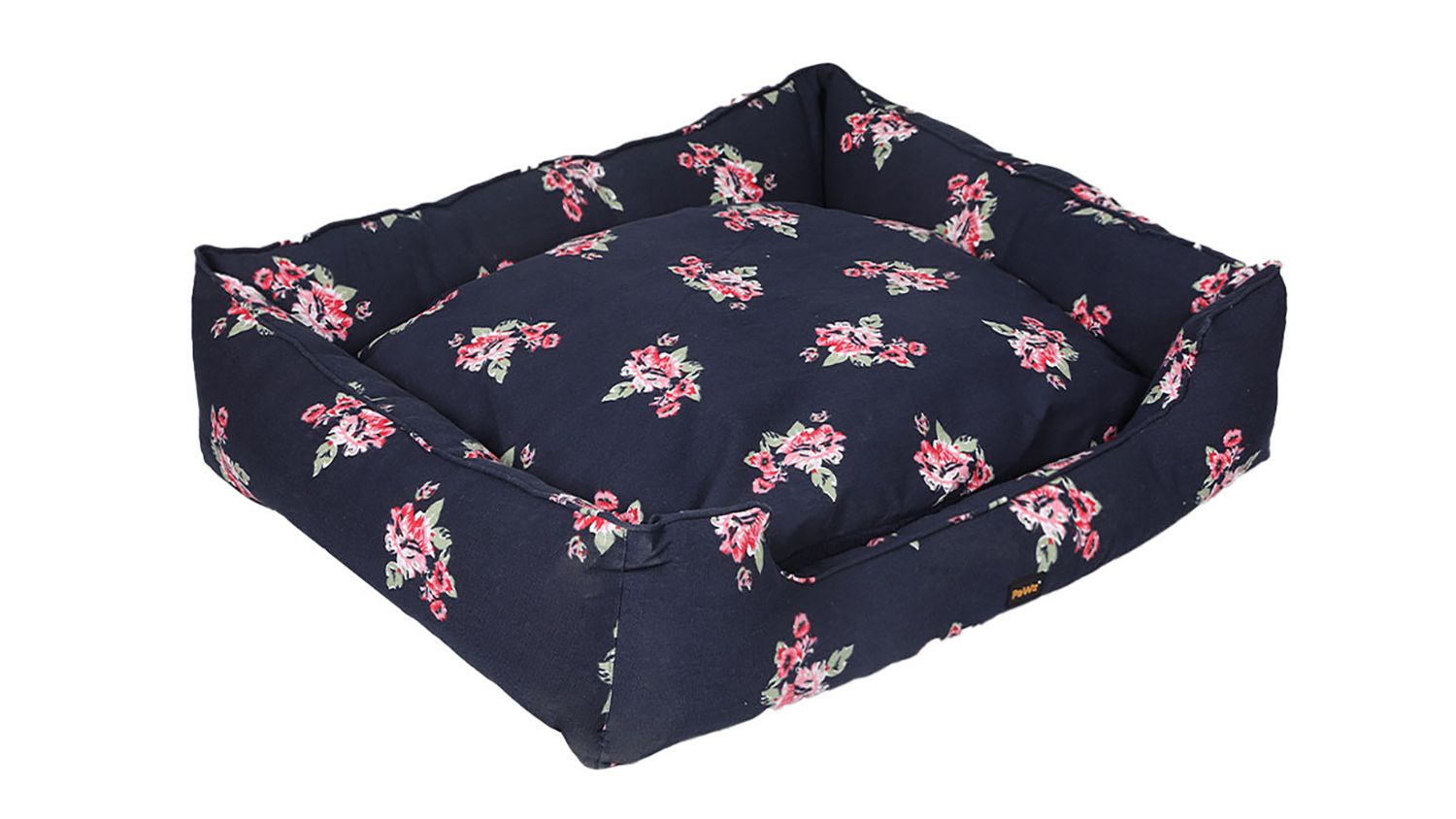 Navy square dog bed with floral pattern and raised cushioned sides 