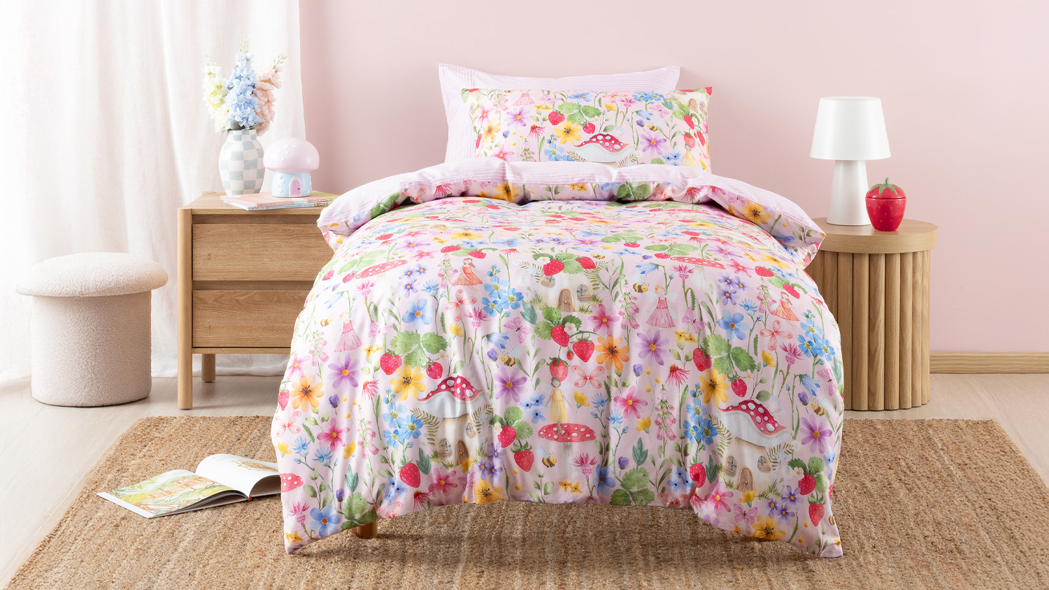 A view of the Strawberry Meadow Duvet Cover Set by Squiggles