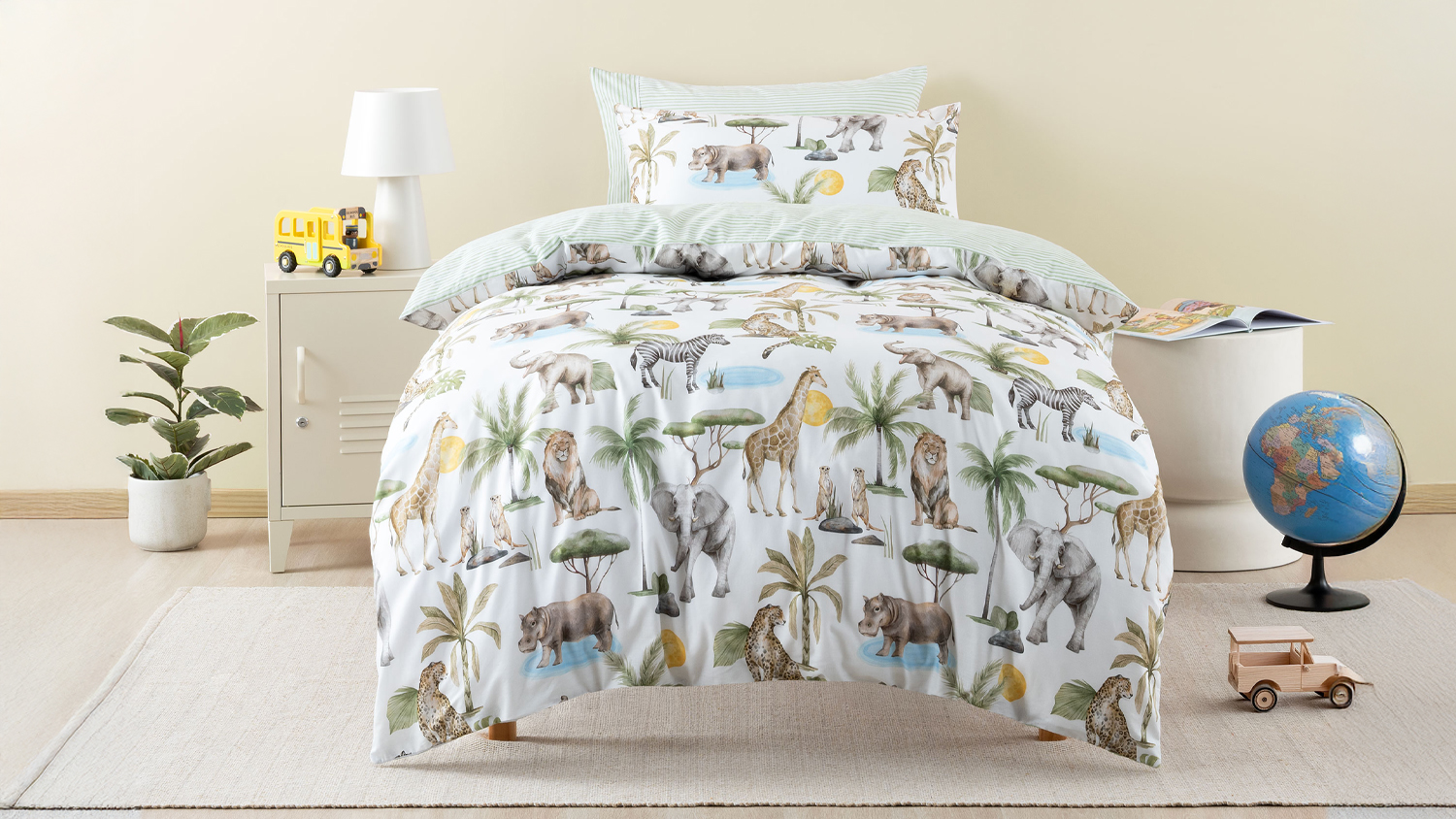 A view of the Sunny Safari Duvet Cover Set by Squiggles