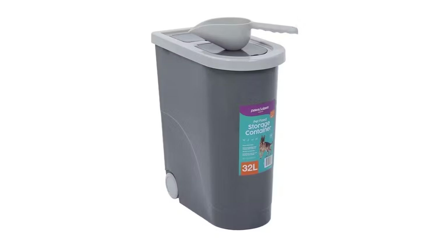 Grey 32L Pet Food Storer with wheels, showing its clip-lock lid, and a measuring scoop