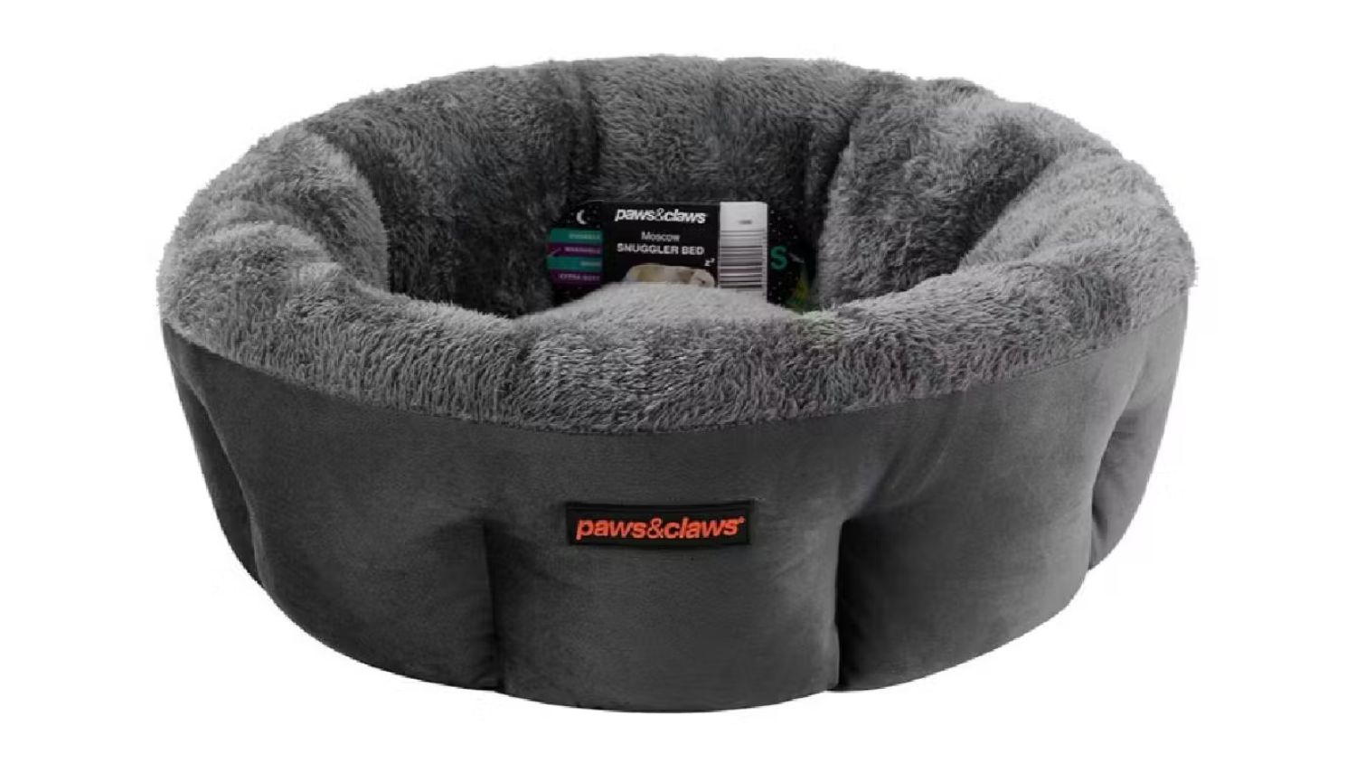 Front view of a round dark grey Pet Lux bed with soft furry lining