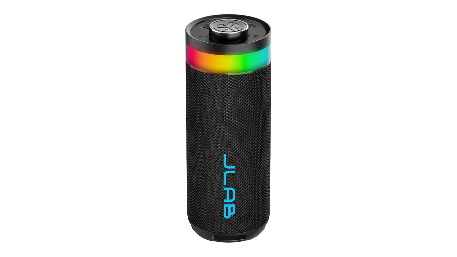 Front view of JLab Go Party speaker with vibrant RGB light ring and blue logo on black mesh