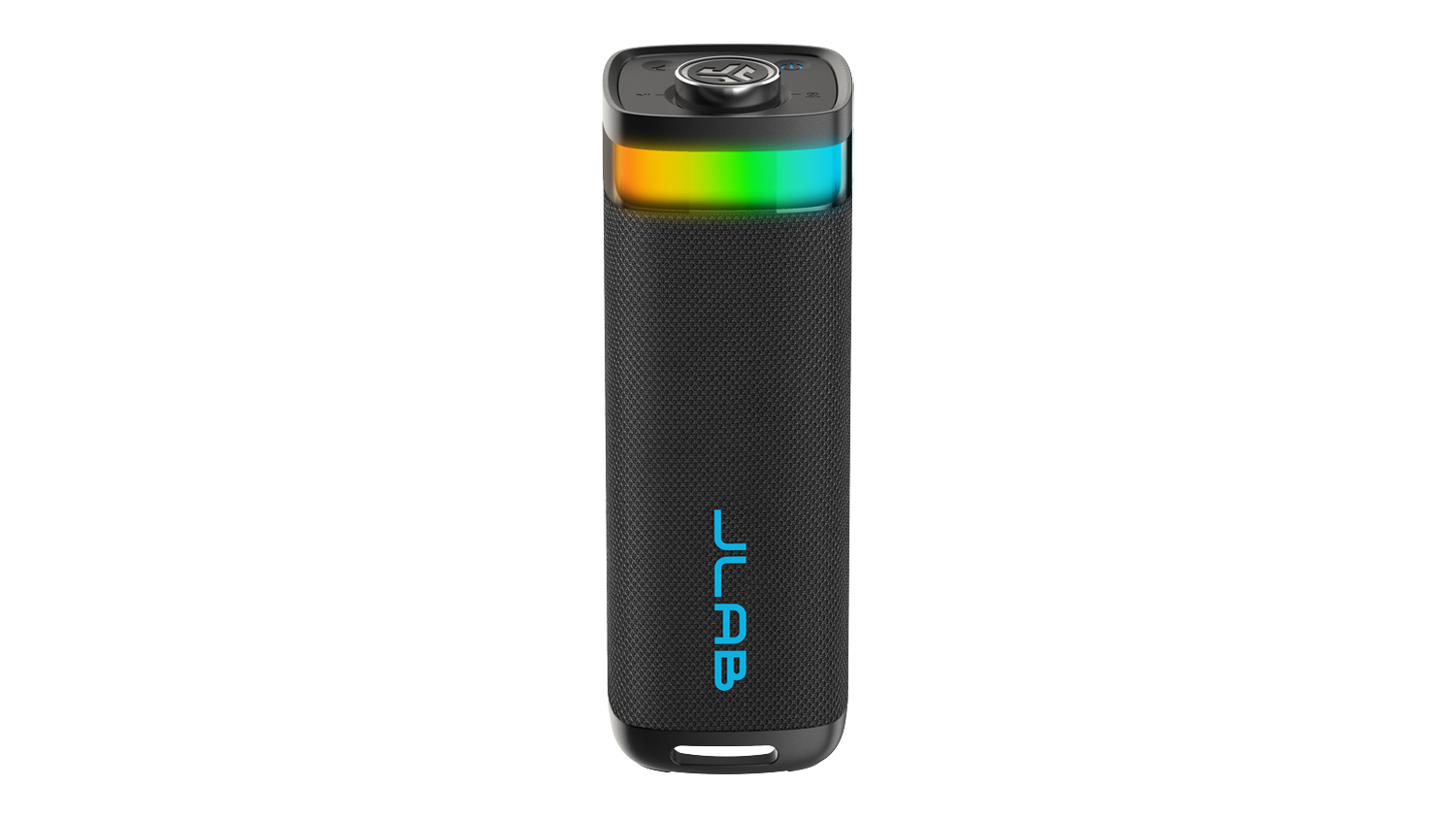 Front view of a JLab JBuds Party speaker with a glowing rainbow LED ring and blue logo on black mesh