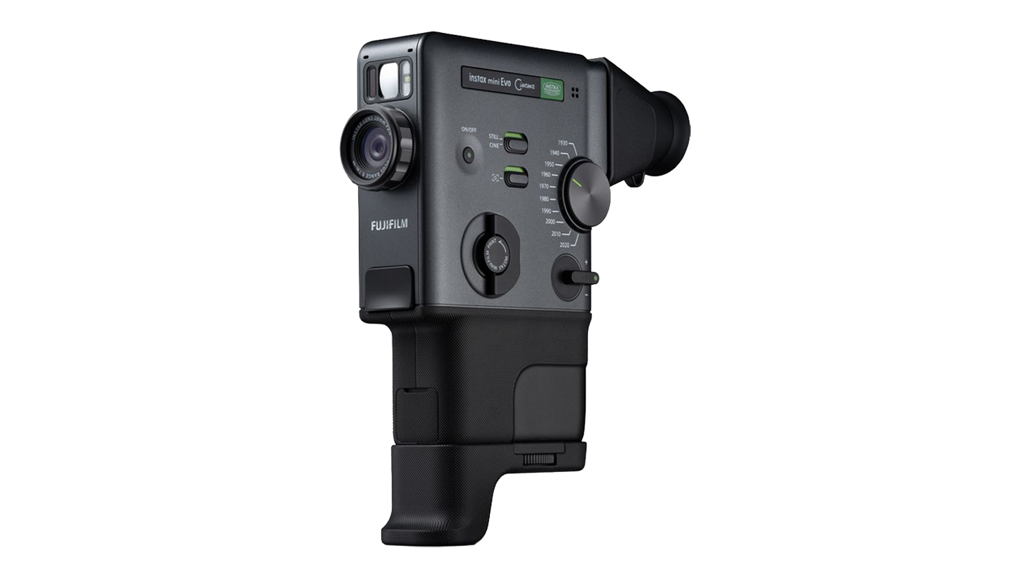 Side view of the Instax Mini Evo Cinema camera in a black/grey finish showing its lens, viewfinder, and control dials