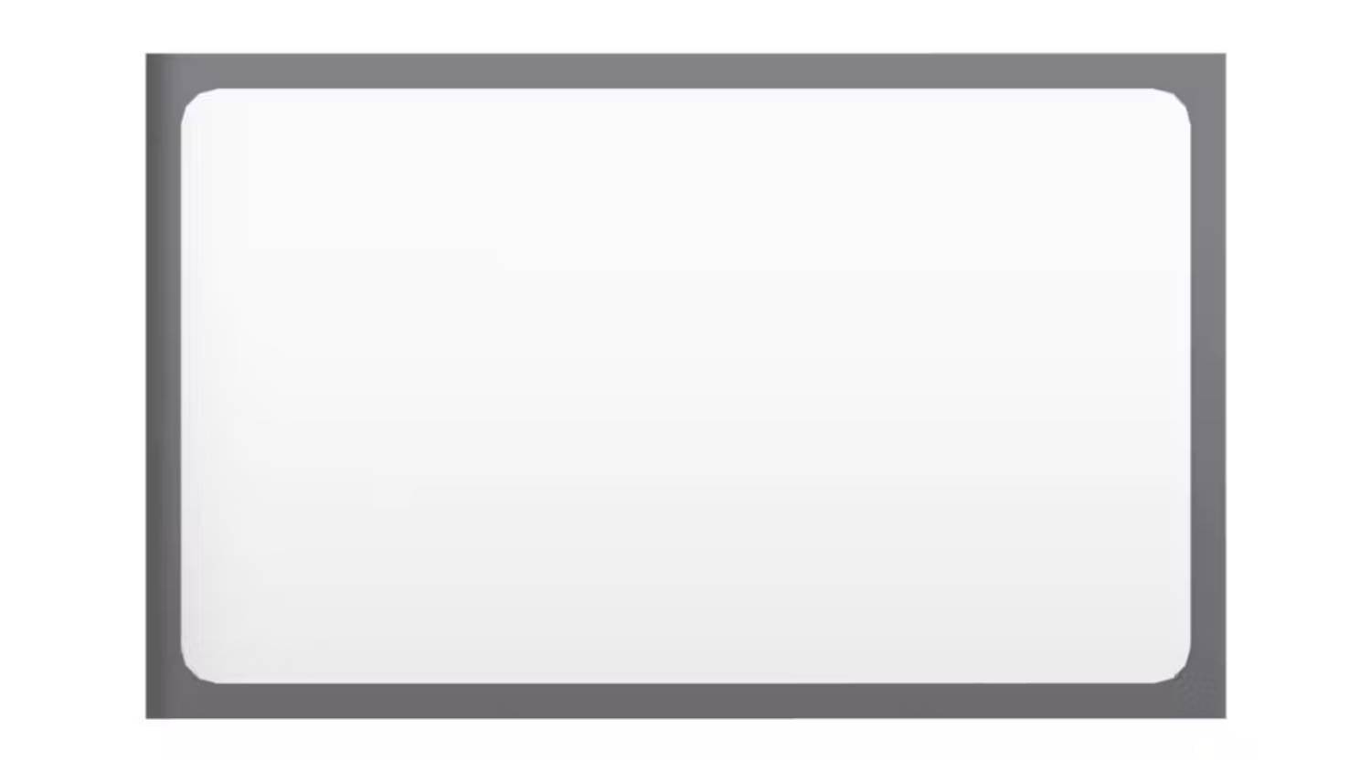 A rectangle-shaped bathroom mirror, framed in a slim gloss grey border