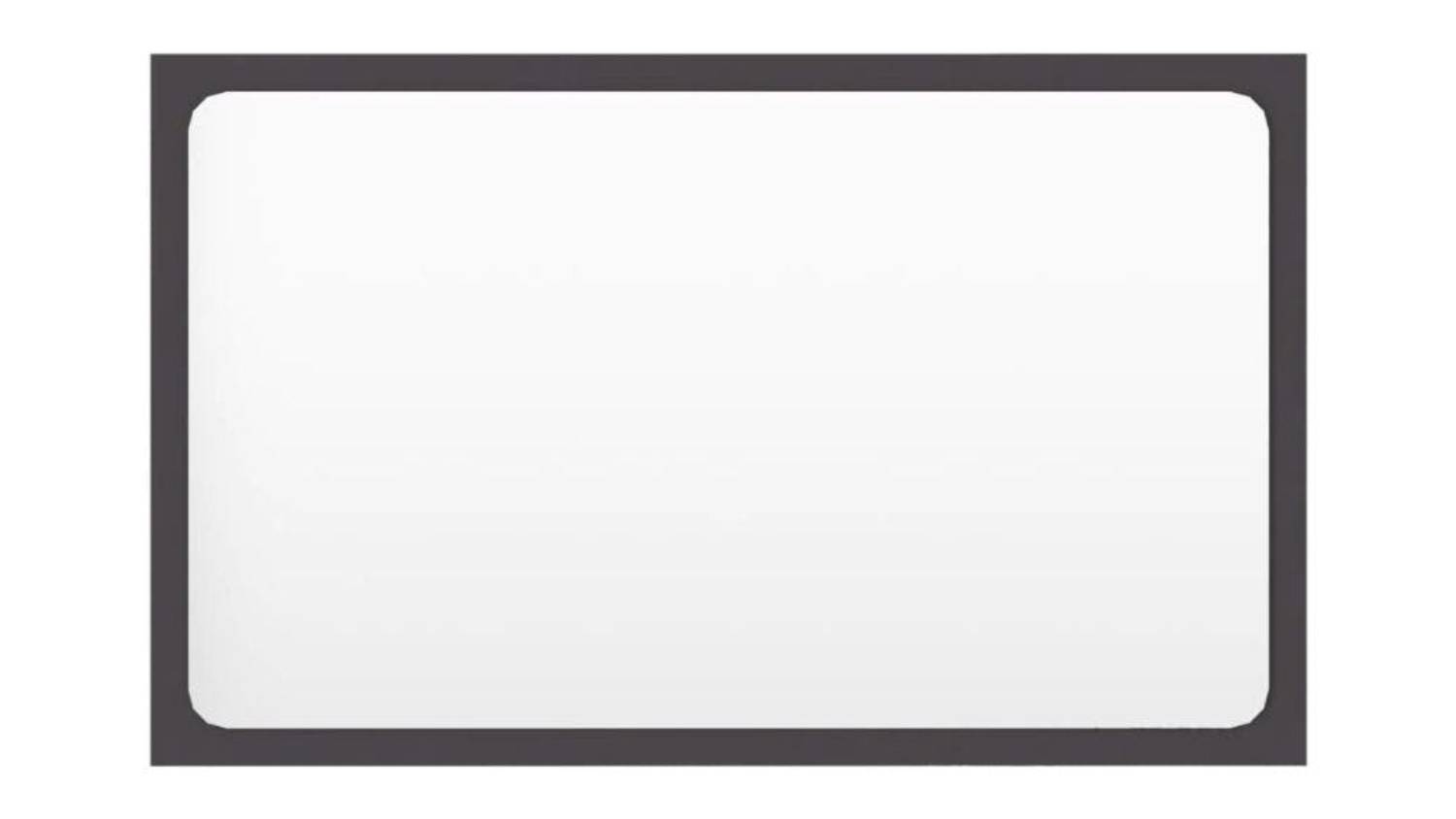 A rectangle-shaped bathroom mirror, framed in a slim grey border