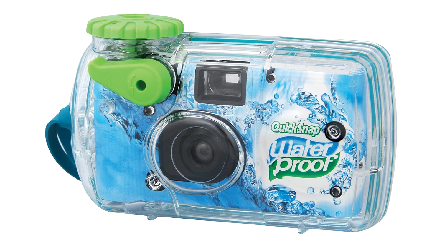 A close-up view of the Fujifilm QuickSnap Waterproof 800 disposable camera, showing its protective case and blue colour