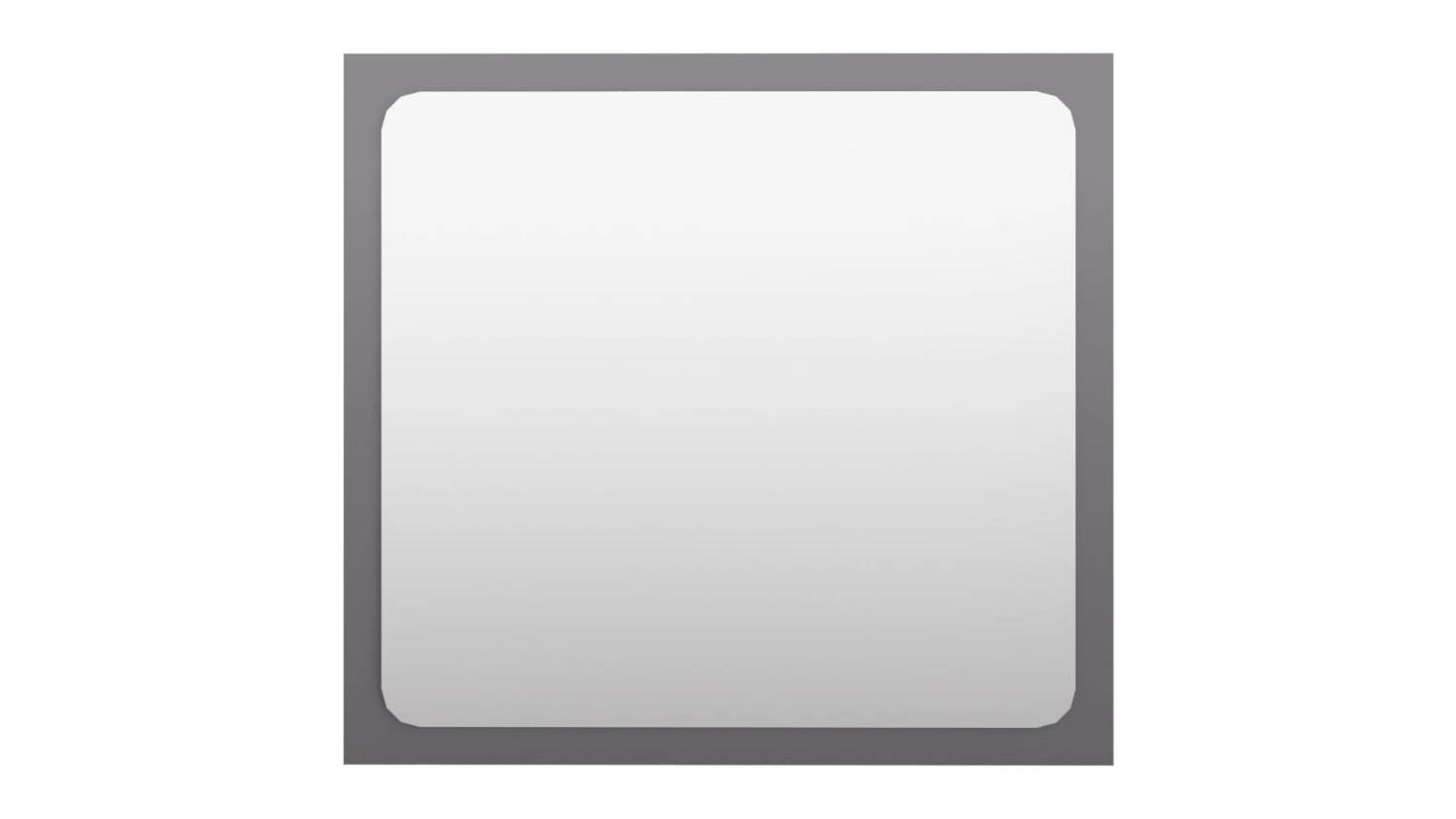 A square bathroom mirror with rounded corners, framed in a slim gloss grey border