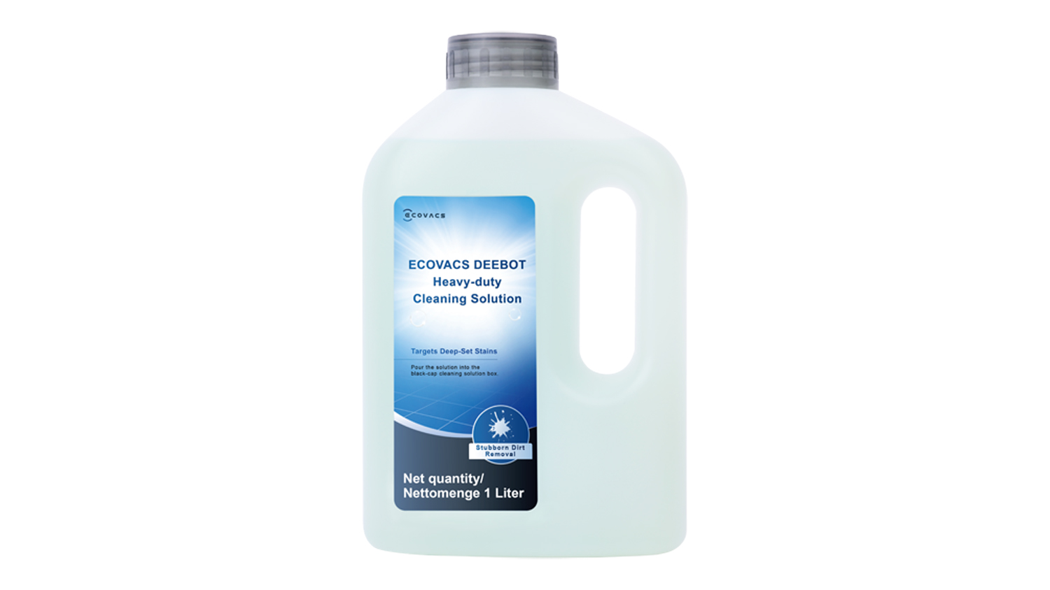 A bottle of the Ecovacs Heavy-Duty Cleaning Solution