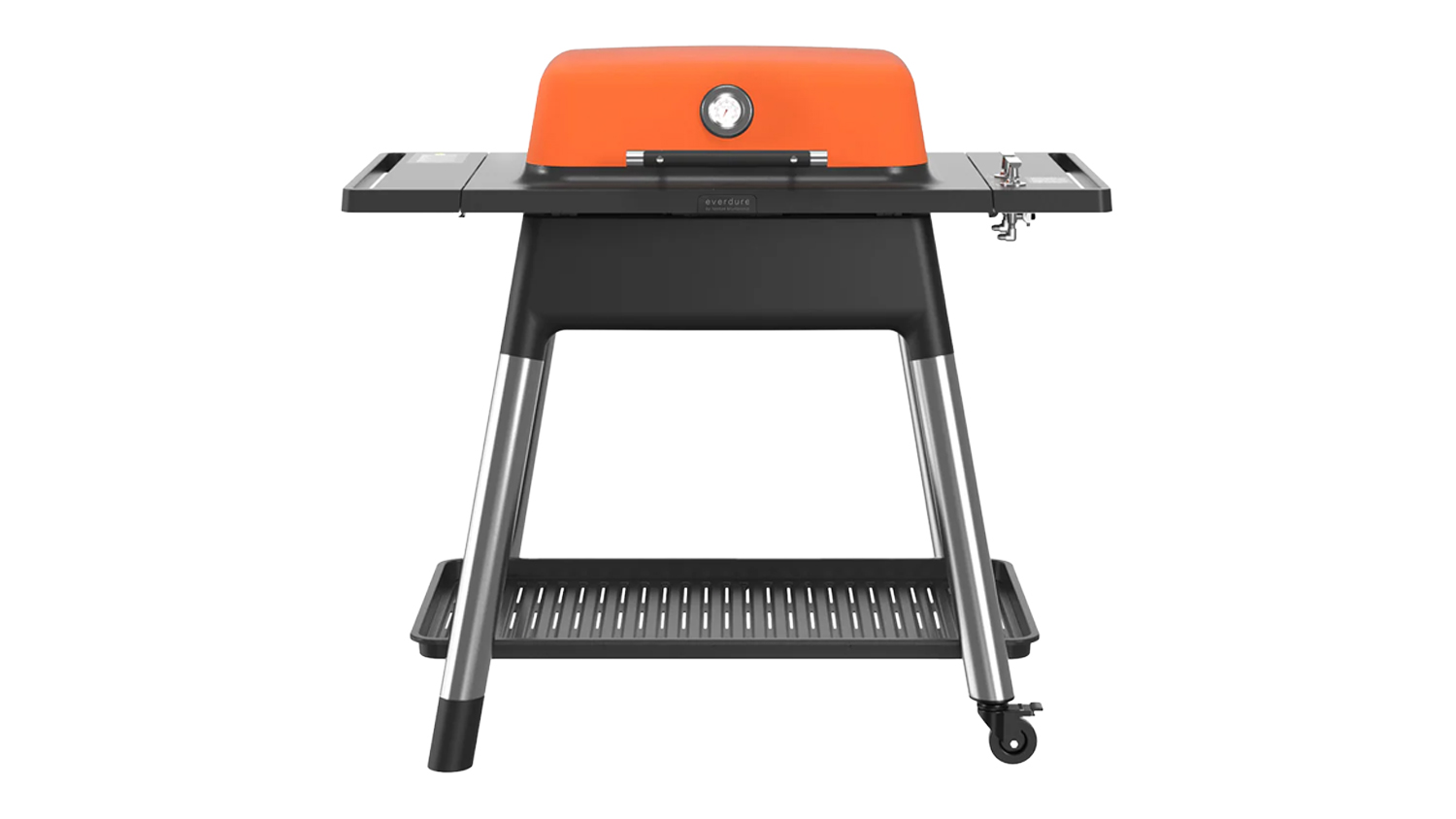 Front view of the Everdure Force 2-Burner Gas BBQ in orange, showing the closed hood