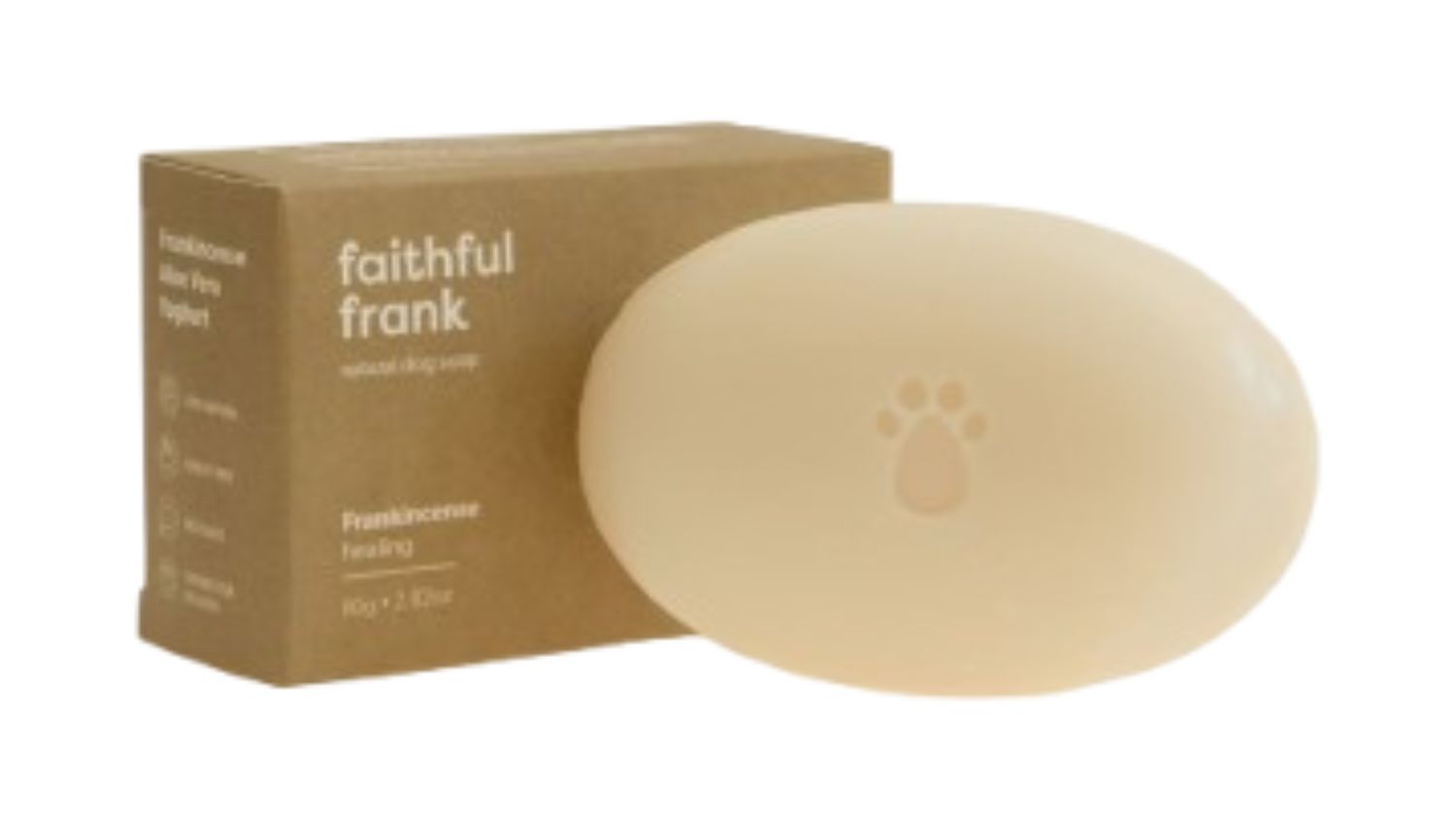 A side-by-side view of the Faithful Frank dog soap with its packaging