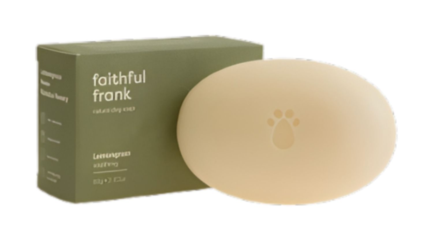A side-by-side view of the Faithful Frank dog soap with its packaging
