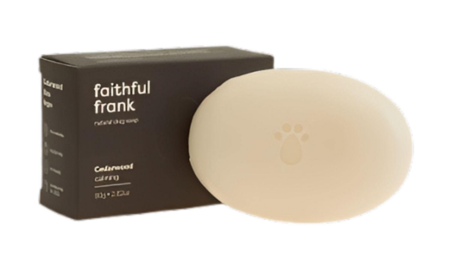 A side-by-side view of the Faithful Frank dog soap with its packaging