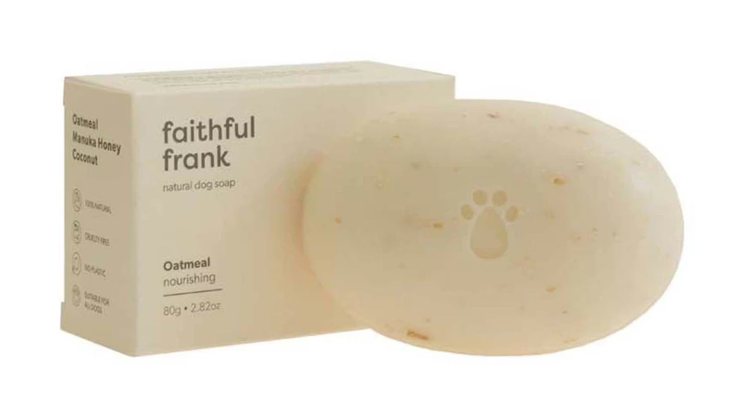 A side-by-side view of the Faithful Frank dog soap with its packaging