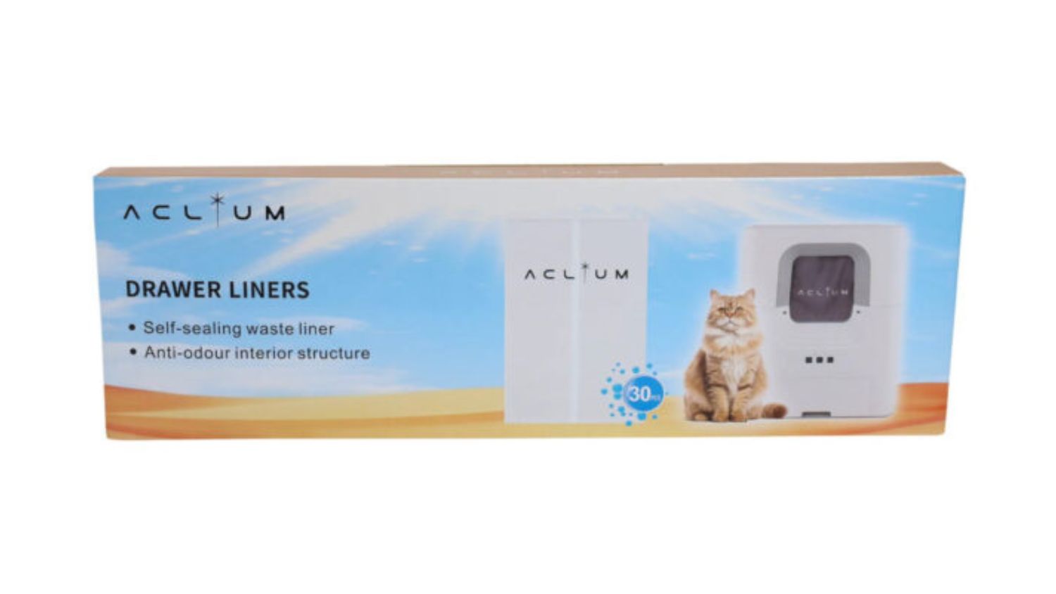 Box packaging of the Aclium Automatic Cat Litter Box Liner Pack with product details