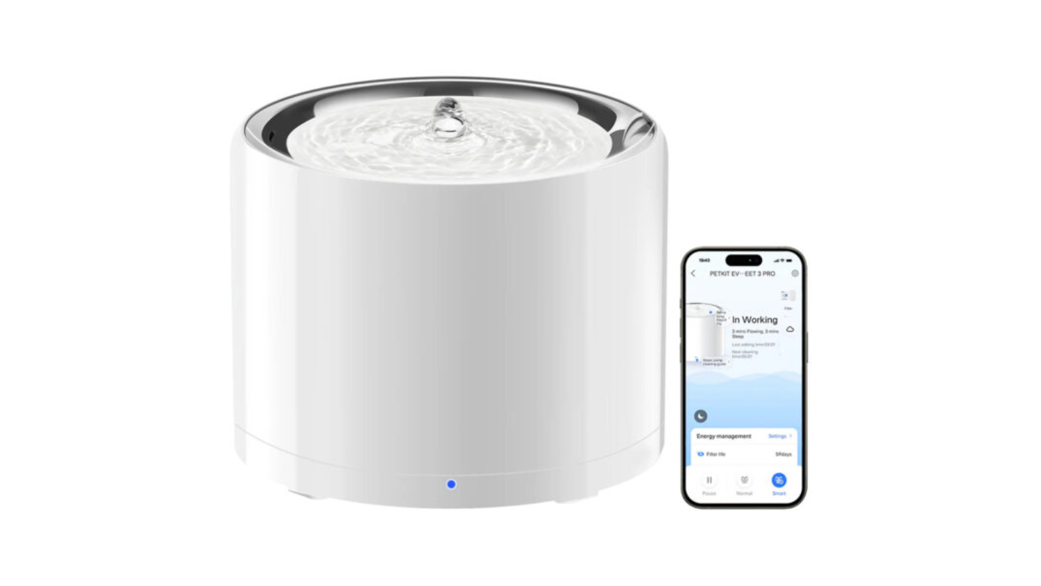White cylindrical pet water fountain with rippling water on top, shown beside a smartphone app interface