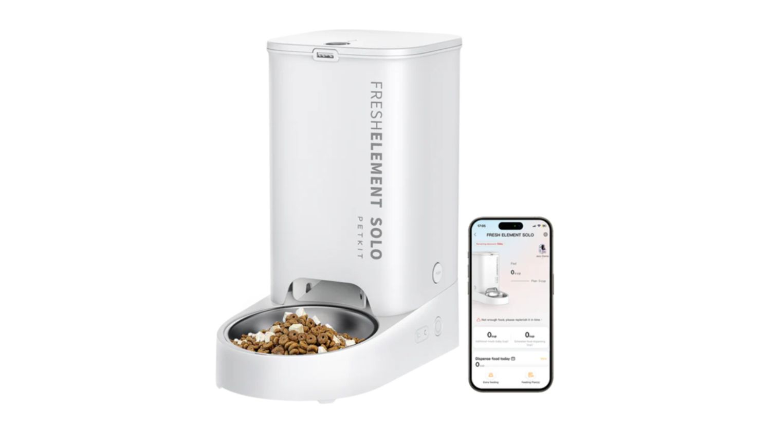 White automatic pet feeder with a bowl of kibble, shown next to a smartphone displaying its control app