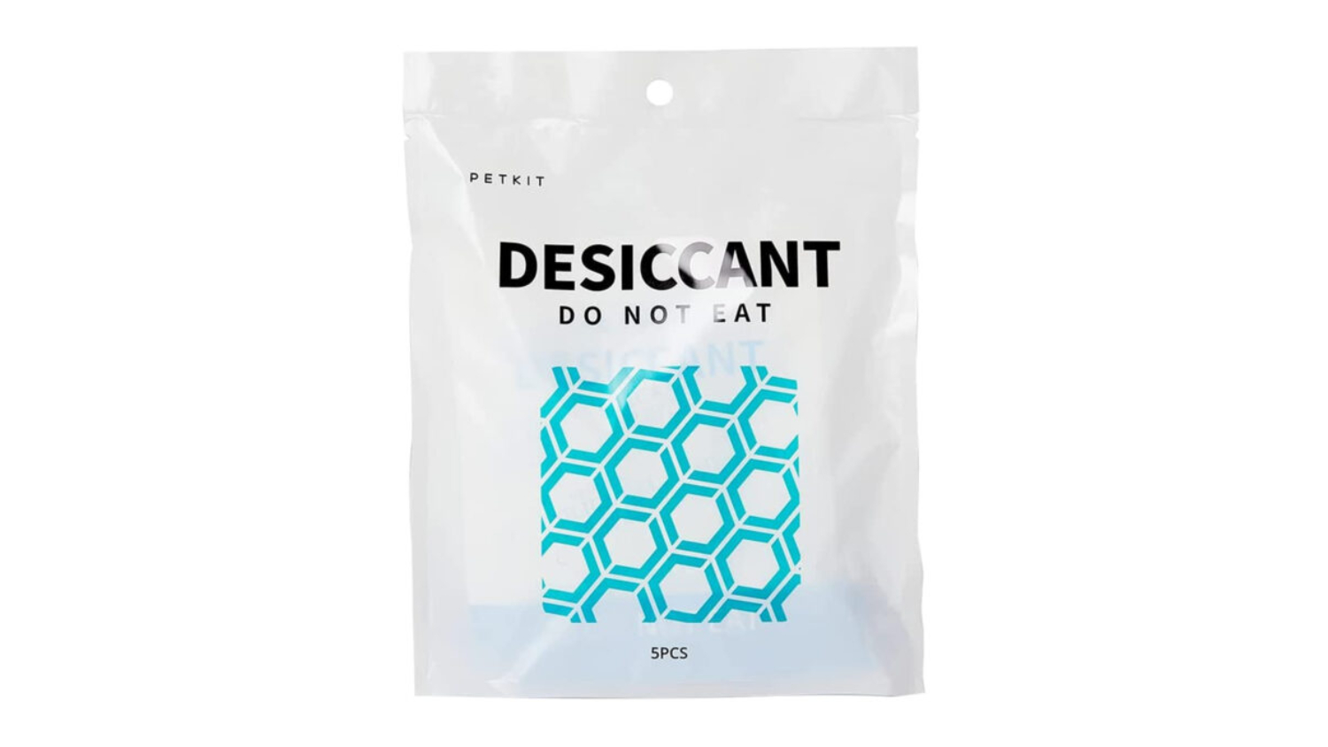 White plastic desiccant packet labelled “Do Not Eat,” featuring a teal honeycomb graphic and PETKIT branding