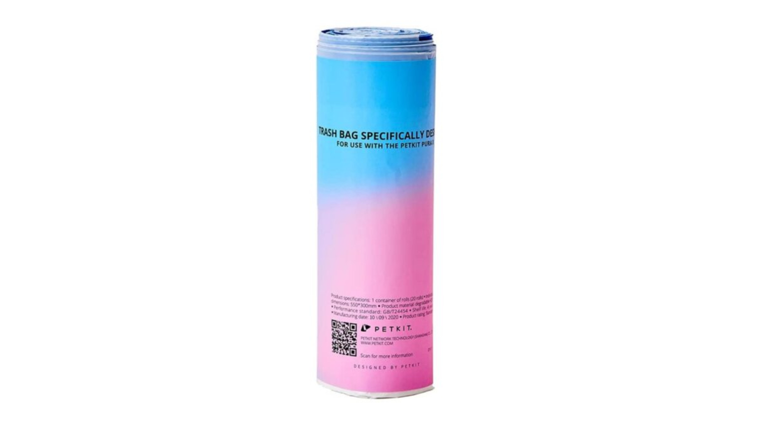 Cylindrical roll of Petkit trash bags in blue-to-pink gradient packaging