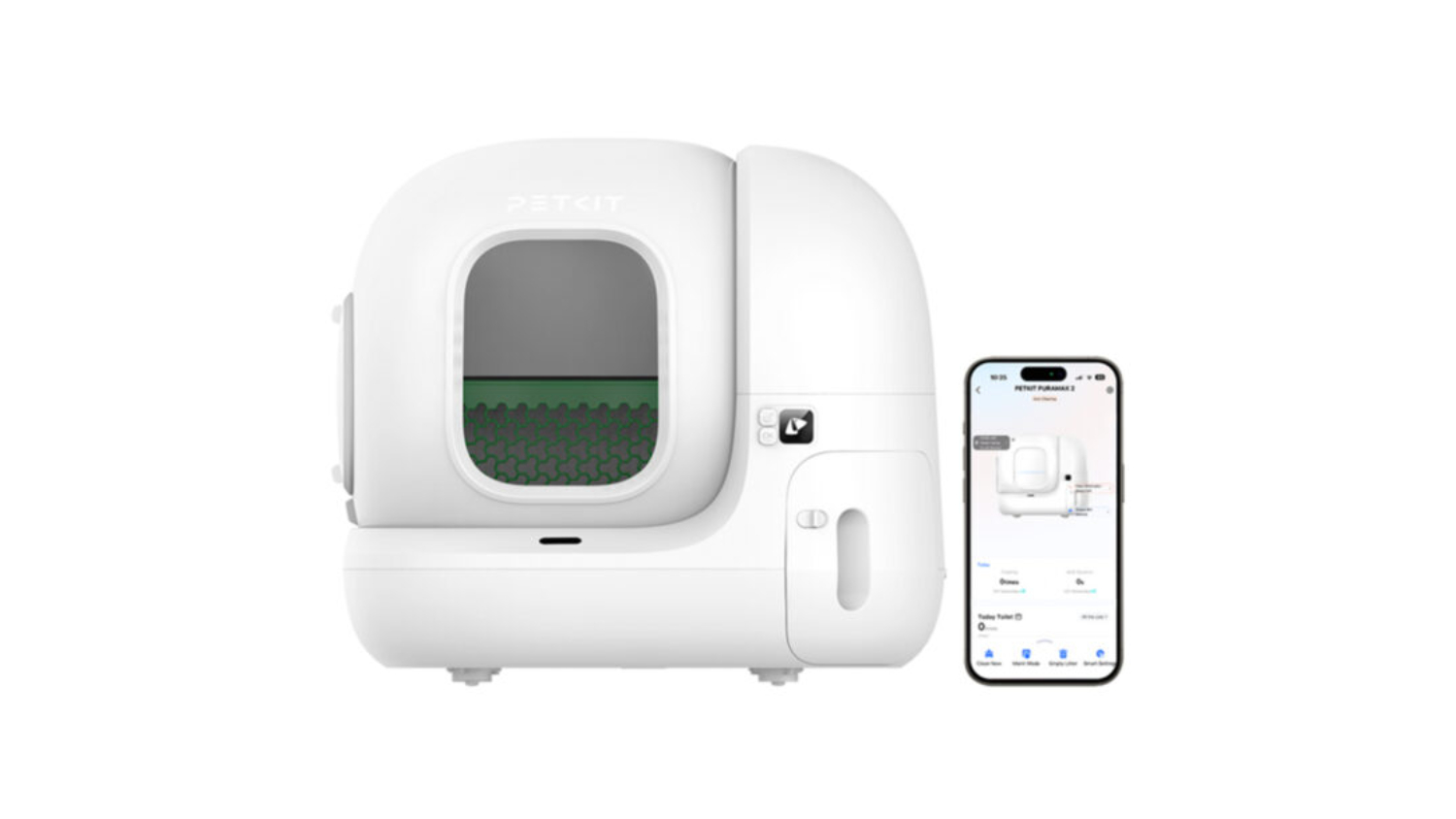 White automatic cat litter box with app control shown on a smartphone screen