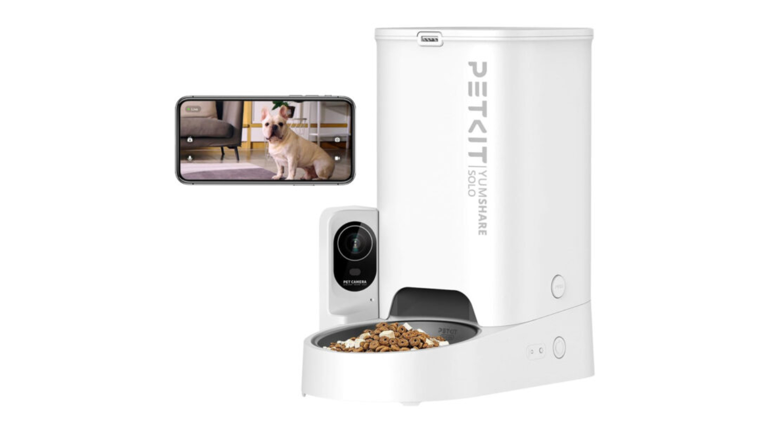 PetKit YumShare Solo pet feeder with camera shown beside a phone displaying a small dog on the screen