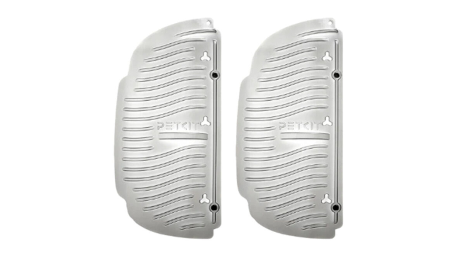 Two grey PetKit litter box panels with curved grooves and small triangular openings