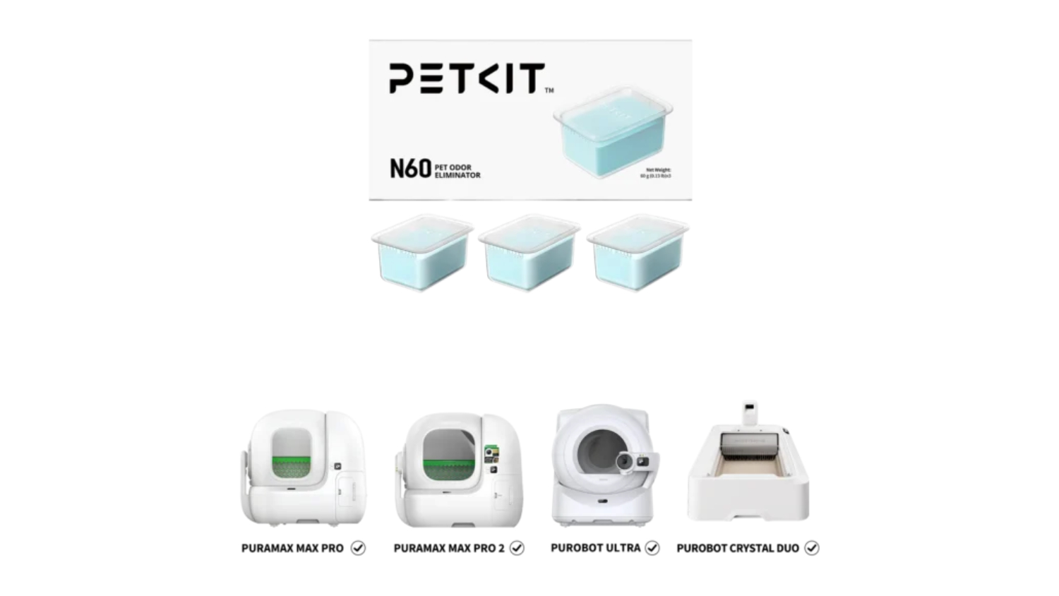 PetKit  N60 pet-odour eliminator with three blue gel containers, shown alongside compatible PETKIT litter box models