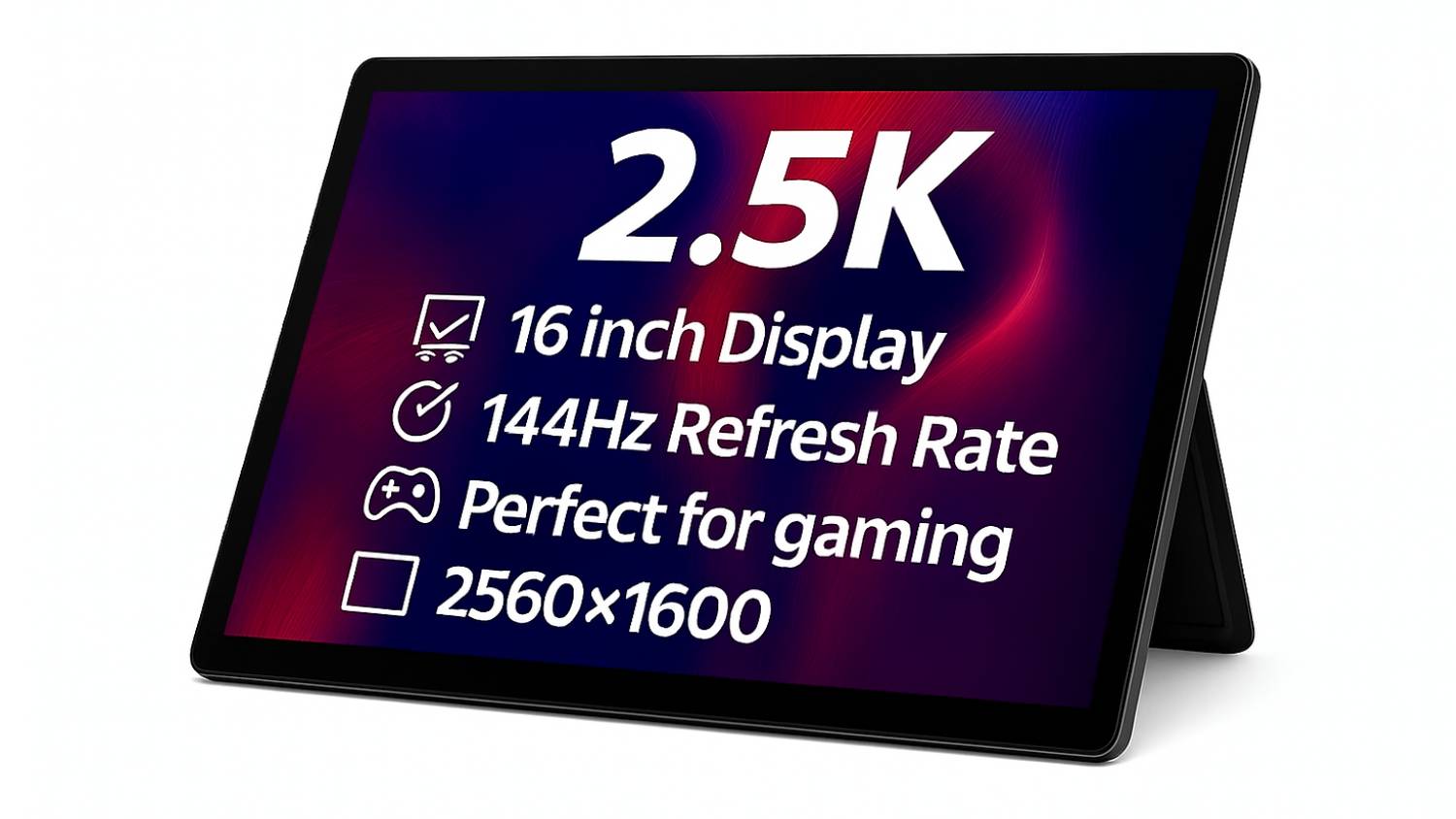 Front angled view of the Lumiview T16 Pro portable monitor displaying product highlights