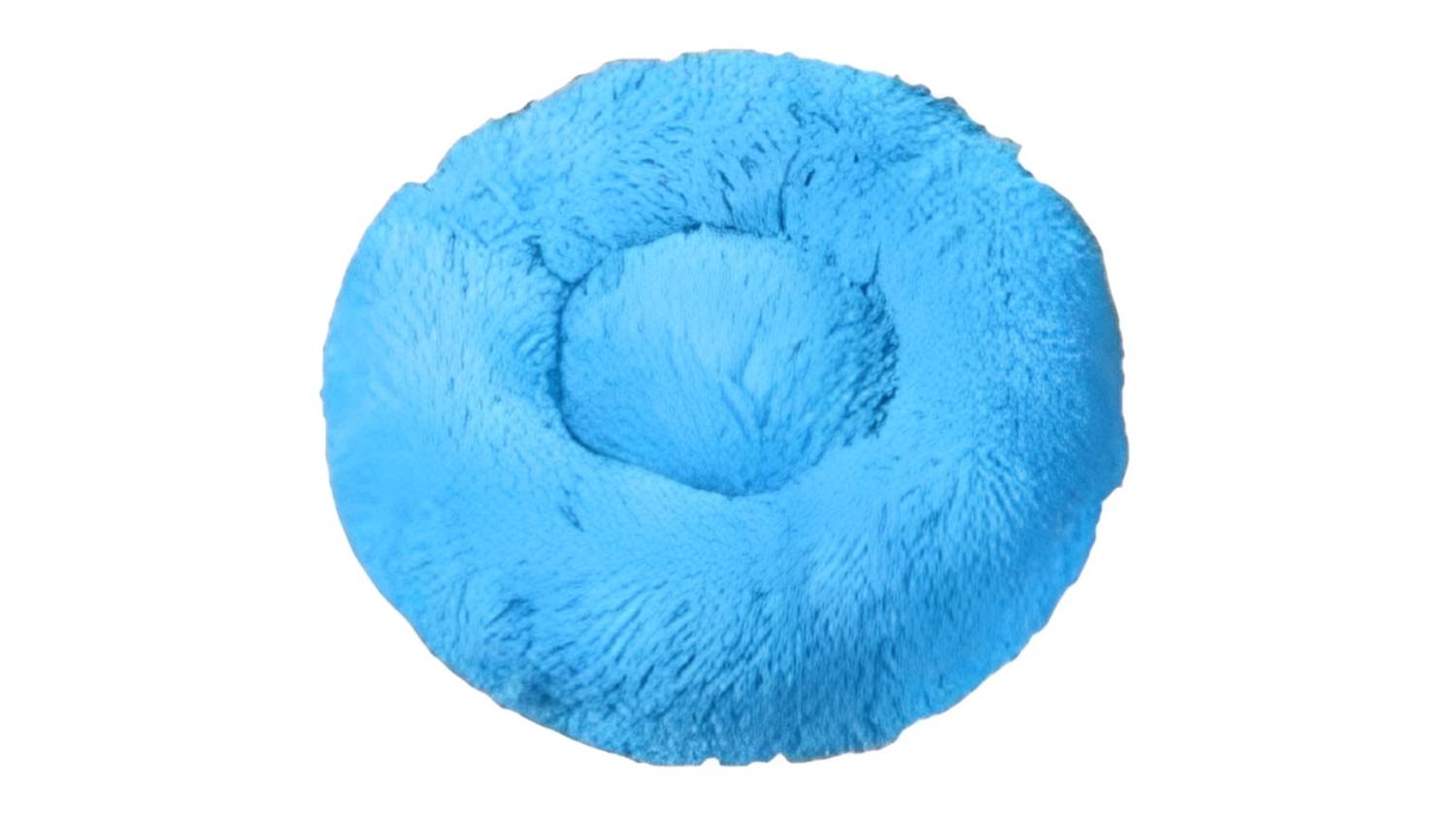 Top‑down view of a blue Hod Snuggly Pooch Dog Bed with a round, bagel‑style shape