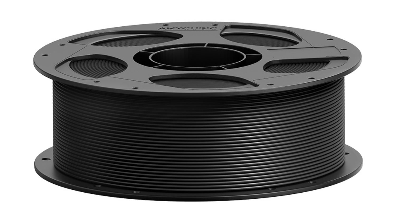 Black Anycubic 3D printer filament wound on a round plastic spool